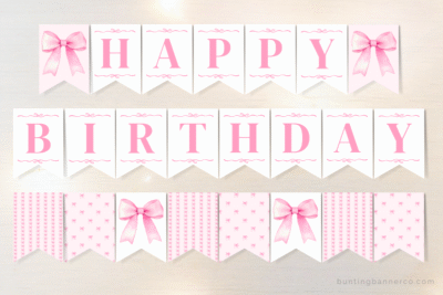 Pink bow happy birthday bunting with watercolor pink bows and pink happy birthday letters.