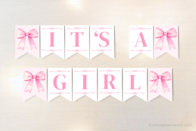 Printable It's A Girl pink bow baby shower themed bunting banner with cute watercolor pink bows.