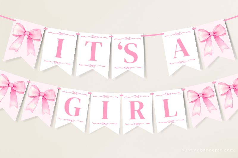 Hanging It's A Girl pink bow baby shower banner with pink watercolor bows.