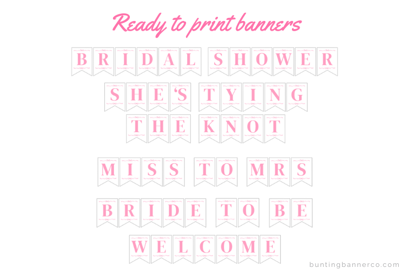 Pink bridal shower banners: bridal shower, she's tying the knot, miss to mrs, bride to be and welcome signs.