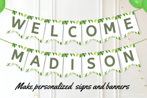 Personalized safari themed welcome banner with jungle leaves and foliage.