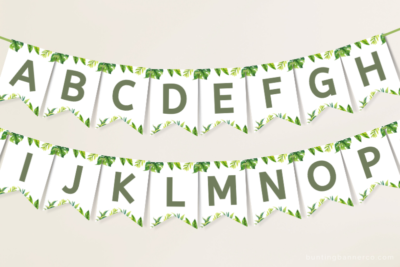 Hanging safari themed alphabet letters bunting banner with jungle leaves and foliage.