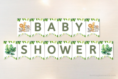 Safari baby shower banner with safari animals and jungle foliage image flags.