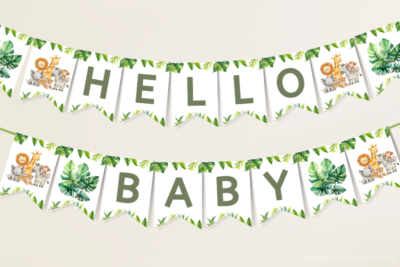 Hanging Safari Hello Baby banner with jungle foliage and cute safari animals.