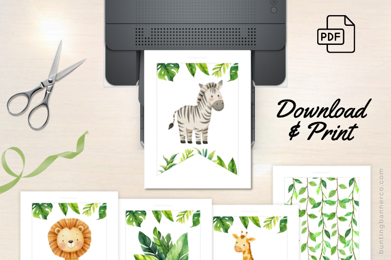 Printable safari bunting with jungle animals and jungle leaves.