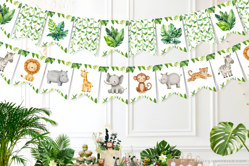 Safari bunting on wall with lion, zebra, giraffe, hippo, rhino, elephant, monkey, cheetah and jungle leaves.
