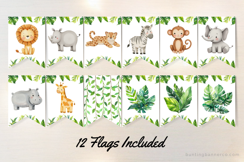 Safari bunting flags with lion, zebra, giraffe, hippo, rhino, elephant, monkey, cheetah and four jungle foliage flags.