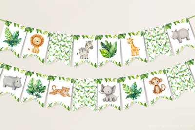 Hanging safari bunting with lion, zebra, giraffe, hippo, rhino, elephant, monkey, cheetah and jungle leaves.