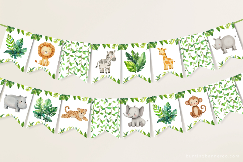 Hanging safari bunting with lion, zebra, giraffe, hippo, rhino, elephant, monkey, cheetah and jungle leaves.