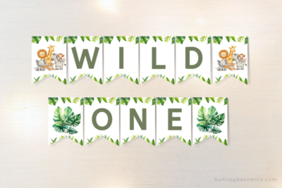 Safari baby shower Wild One banner with jungle foliage and cute safari animals.