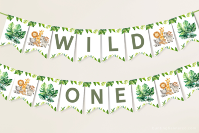 Hanging Safari Wild One banner with jungle foliage and cute safari animals.