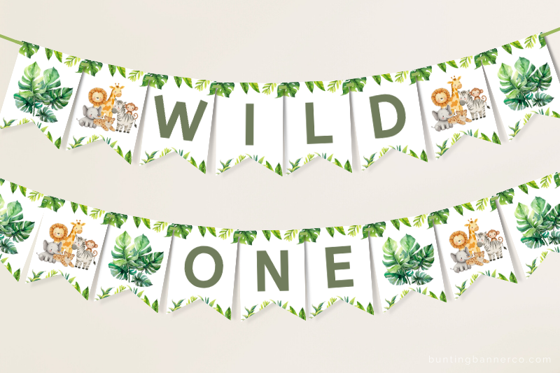 Hanging Safari Wild One banner with jungle foliage and cute safari animals.