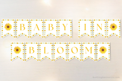 Baby in Bloom sunflower themed baby shower banner with watercolor sunflowers.