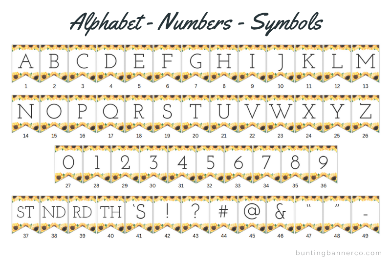 Sunflower themed alphabet bunting flags with watercolor sunflower borders and black serif font for baby shower banner.