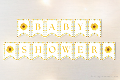Sunflower baby shower themed bunting banner with watercolor sunflowers.