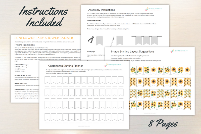 Printing and assembly instruction sheets for sunflower bridal shower banner with bunting planner worksheet and layout suggestions.