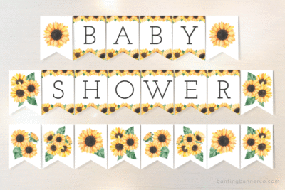 Sunflower themed baby shower banner flags with watercolor sunflowers and bouquets and black serif letters.