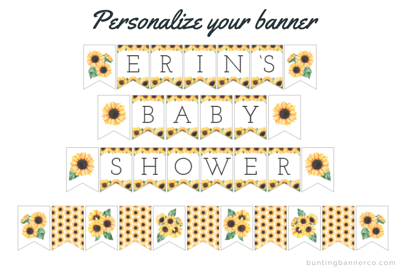 Personalized name baby shower banner with black serif font and watercolor sunflowers with bouquet image flags and pattern flags.