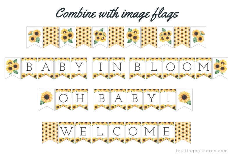 Baby in bloom, Oh baby and welcome banners with watercolor sunflowers, bouquets and patterns.
