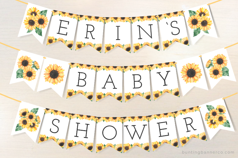 Sunflower personalized name baby shower banner with letters and watercolor sunflower image flags.