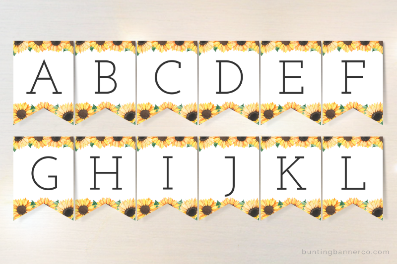 Alphabet bunting flags with black serif font and watercolor sunflower border.