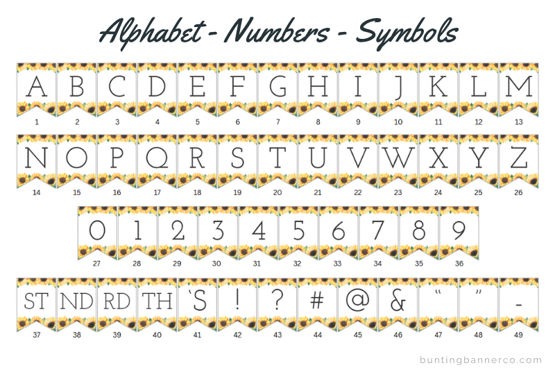 Sunflower themed alphabet bunting flags with watercolor sunflower borders and black serif font for bridal shower banner.