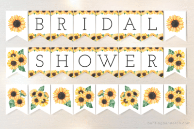 Sunflower themed bridal shower banner flags with watercolor sunflowers, bouquets and black serif font letters.
