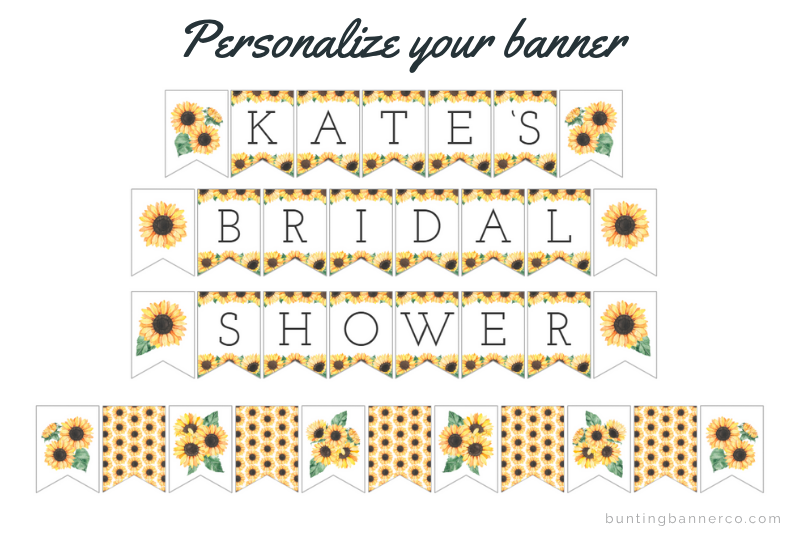 Personalized name bridal shower banner with black serif font and watercolor sunflowers with bouquet image flags and pattern flags.