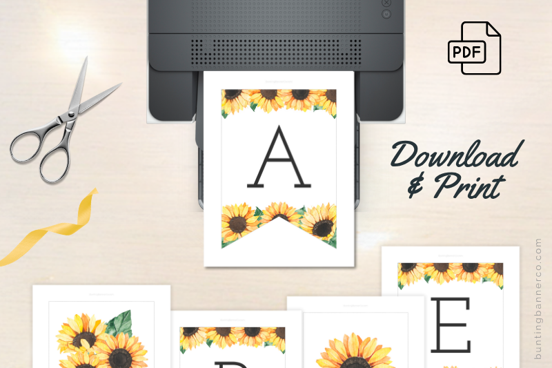 Bridal shower bunting printable sheets with watercolor sunflowers and letters ready to download, print and assemble.