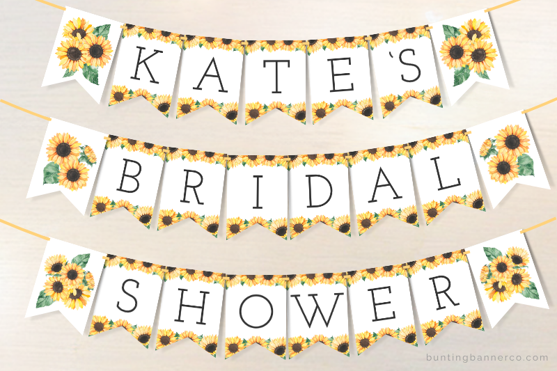 Sunflower personalized name bridal shower banner with letters and watercolor sunflower image flags.