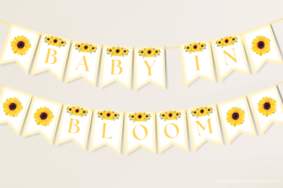 Hanging sunflower baby shower banner with watercolor sunflowers and gingham border.