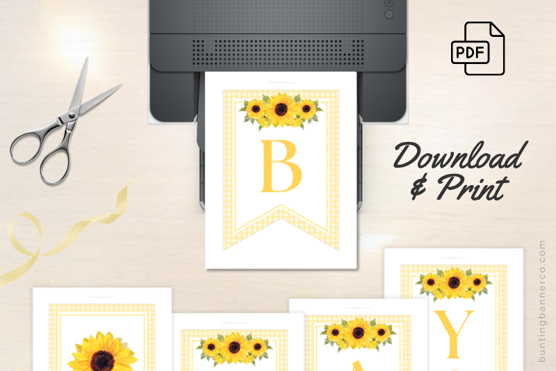 Printable sunflower gingham baby shower banner pages.