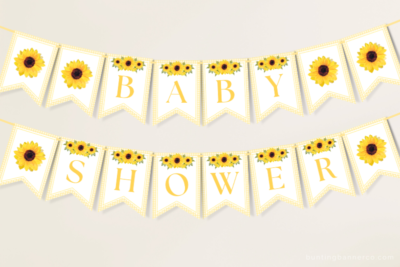 Hanging sunflower baby shower bunting banner with watercolor sunflowers and gingham border.