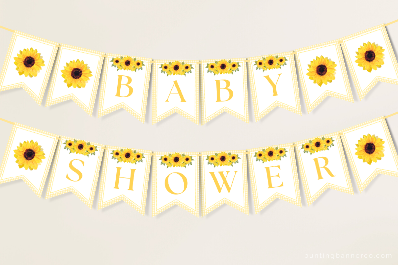 Hanging sunflower baby shower bunting banner with watercolor sunflowers and gingham border.