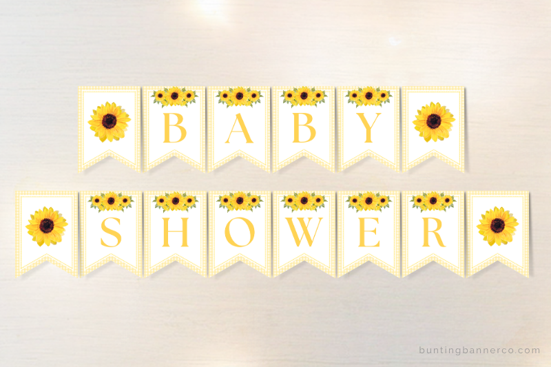 Sunflower baby shower themed bunting banner with watercolor sunflowers and gingham border.