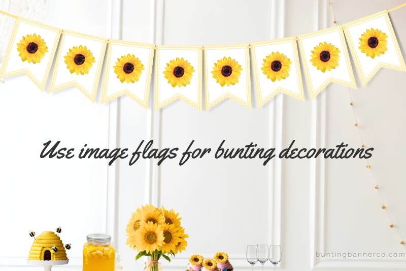 Sunflower themed bunting with yellow watercolor sunflowers and gingham border.