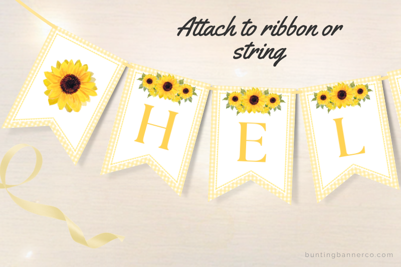 Sunflower hello baby shower banner flags with watercolor sunflowers and gingham.