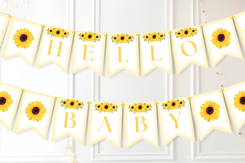 Sunflower hello baby shower banner with watercolor sunflowers and gingham border.