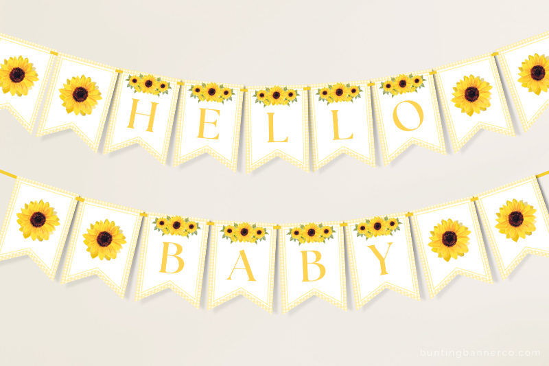 Hanging sunflower hello baby banner with watercolor sunflowers and gingham border.