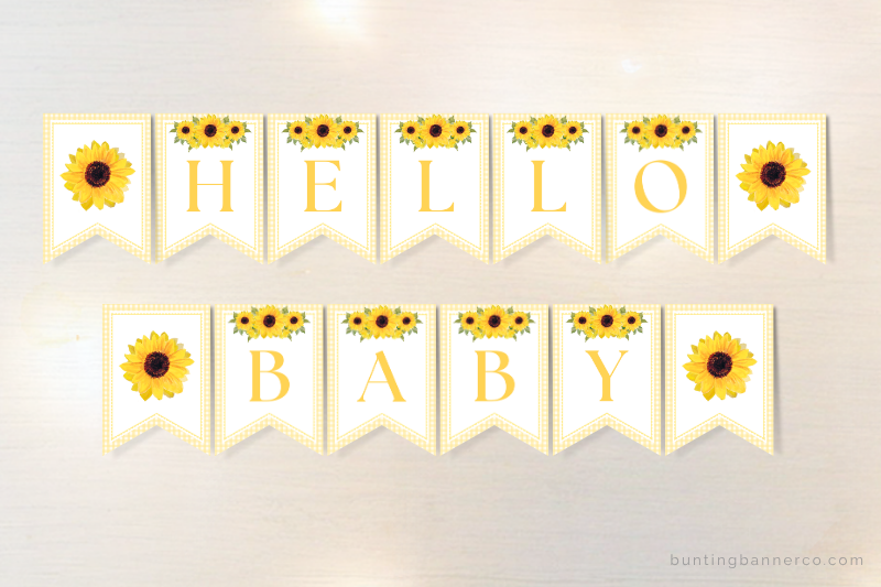 Sunflower hello baby banner with watercolor sunflowers and gingham border.