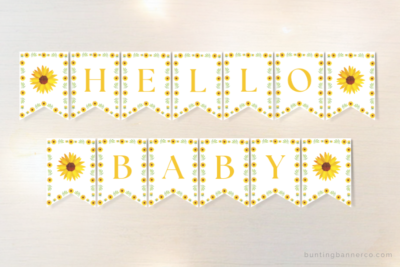 Printable Hello Baby sunflower baby shower banner flags with watercolor sunflowers.