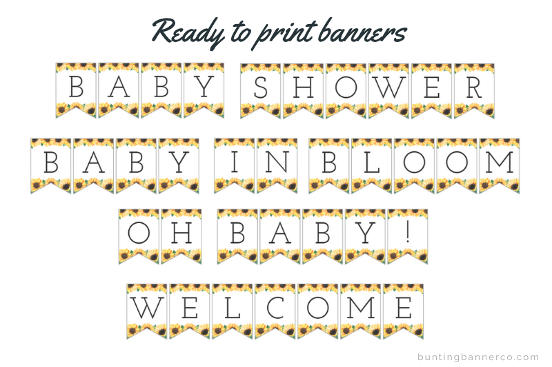 Sunflower baby shower banners: baby shower, baby in bloom, oh baby and welcome signs.