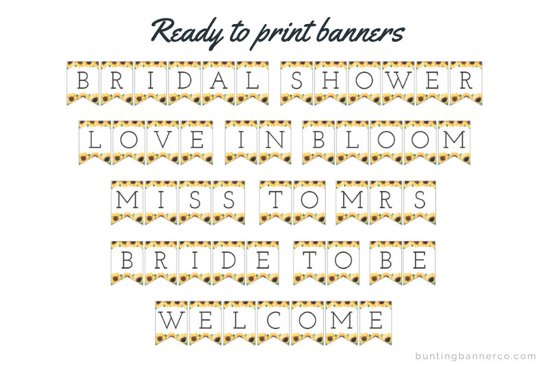 Sunflower bridal shower banners: bridal shower, love in bloom, miss to mrs, bride to be and welcome signs.