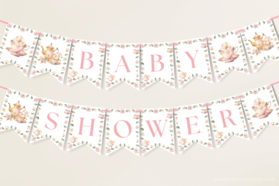 Hanging tea party baby shower banner with teapots, teacups and flowers.