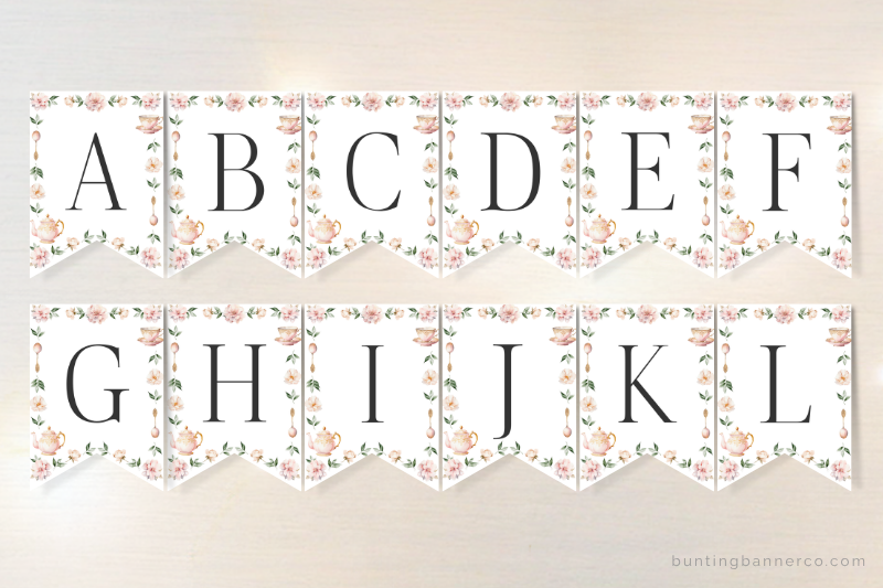 Alphabet bunting flags with black letters, teacups, teapots and floral border.