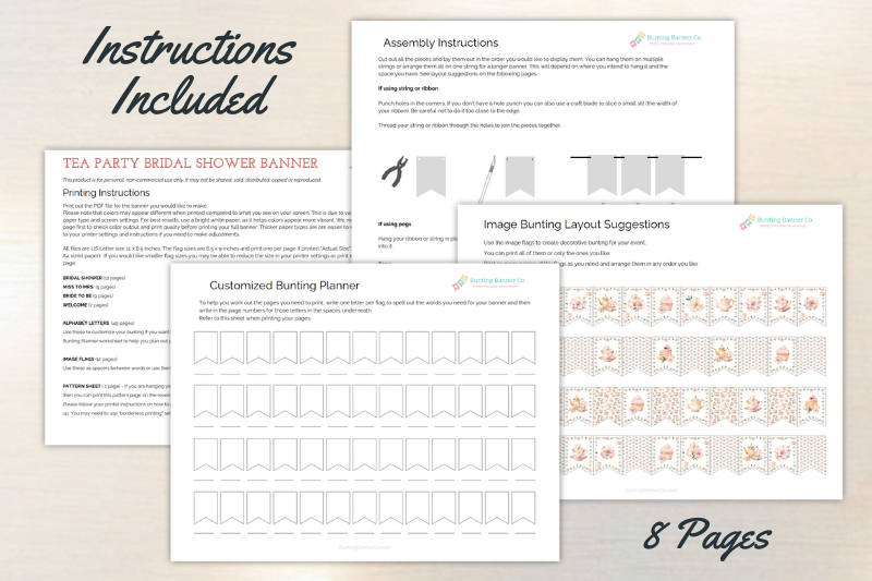 Printing and assembly instruction sheets for tea party bridal shower banner with bunting planner worksheet and layout suggestions.