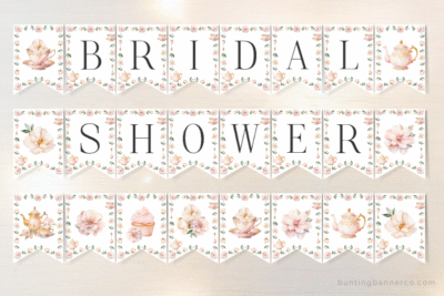 Tea party bridal tea themed bridal shower banner flags with watercolor teacups, teapots, cakes, flowers and black serif font letters.