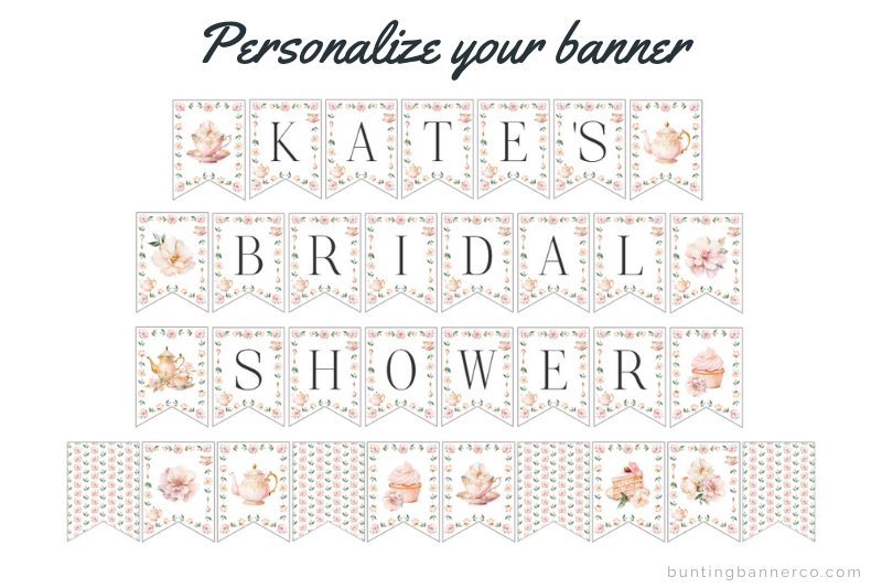 Personalized name bridal shower banner with black serif font and watercolor teacup, teapot, cupcake image flags and pattern flags.