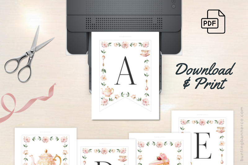 Bunting printable sheets with teapots, cakes, floral borders and letters ready to download, print and assemble.