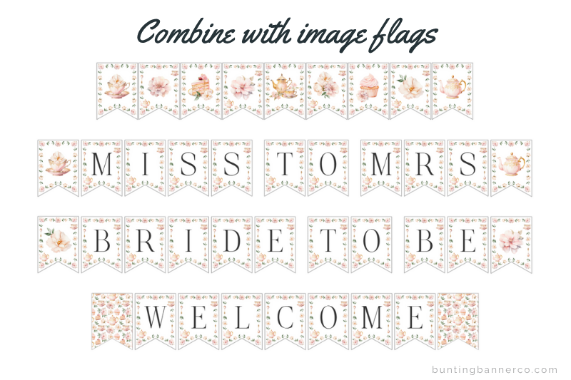 Miss to Mrs, bride to be and welcome banners with bridal tea party image flags.